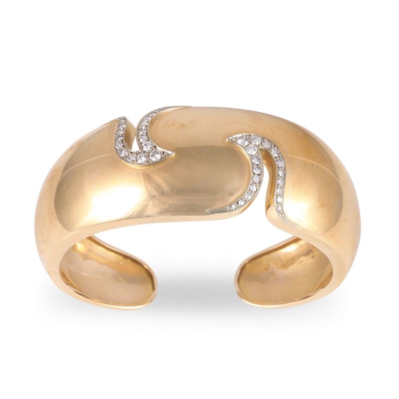 Creperio Enrico (Milano), Bracciale in oro giallo e bianco 18 kt con fascia rigida e diamanti