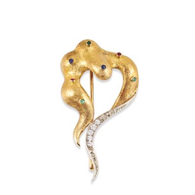 Spilla in oro giallo satinato e oro bianco 18Kt, ornata con brillanti, smeraldi, zaffiri e rubini