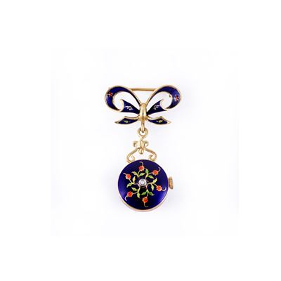 Spilla a fiocco con orologio sospeso, oro 18 kt, smalti e diamante