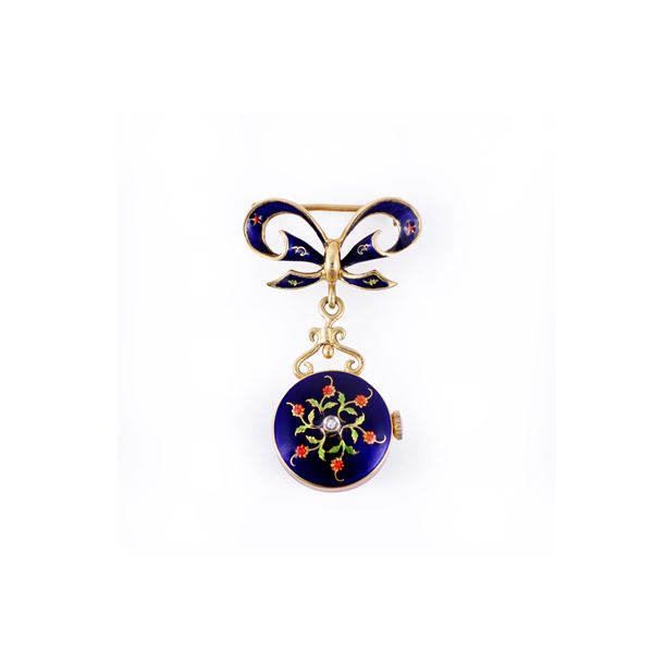 18KT GOLD WATCH BROOCH SET WITH ENAMEL (minor losses) AND DIAMOND
