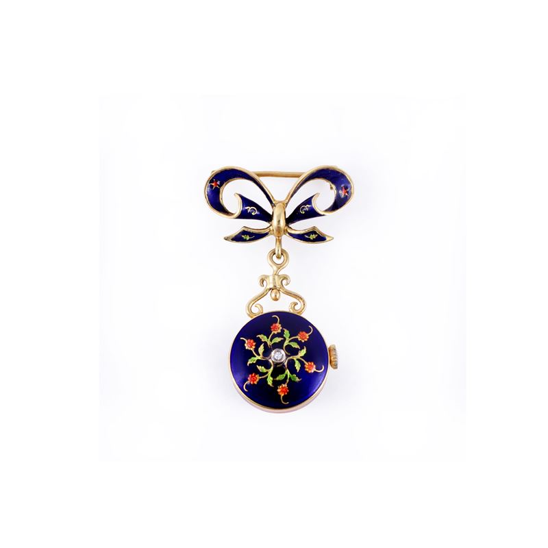 Spilla a fiocco con orologio sospeso, oro 18 kt, smalti e diamante