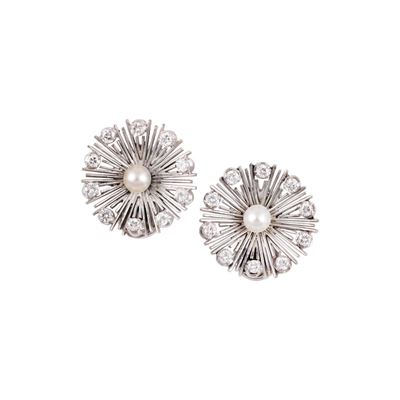 Orecchini a clip in oro bianco 18Kt con brillanti e perle coltivate