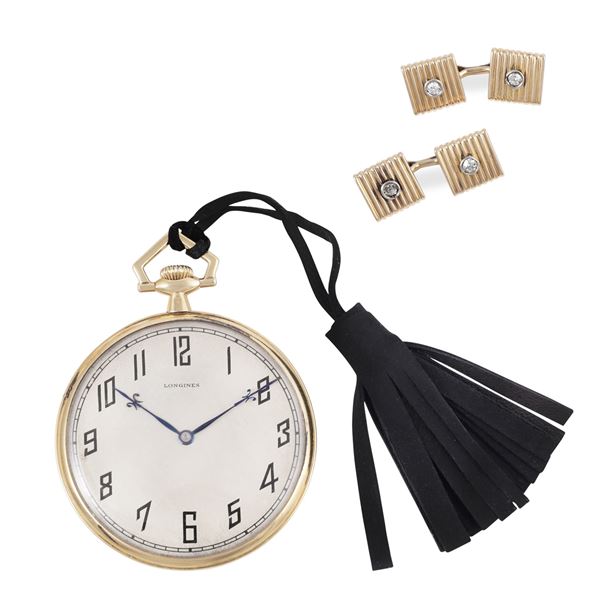 SET DI OROLOGIO DA TASCA LONGINES E GEMELLI IN ORO