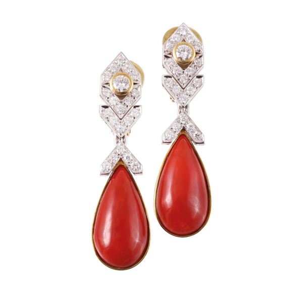 ~ 18KT GOLD EARRINGS SET WITH DIAMONDS AND CORAL  - Auction FINE JEWELRY - Casa d'Aste International Art Sale