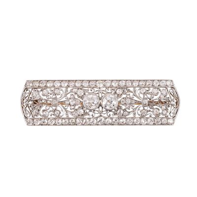 Spilla rettangolare in platino e oro giallo 18Kt, decorata con diamanti