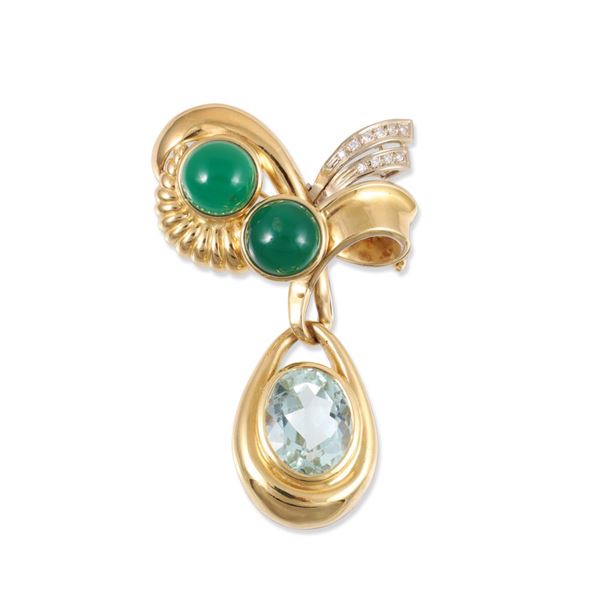 18KT GOLD BROOCH SET WITH DIAMONDS, CHRYSOPRASE AND AQUAMARINE