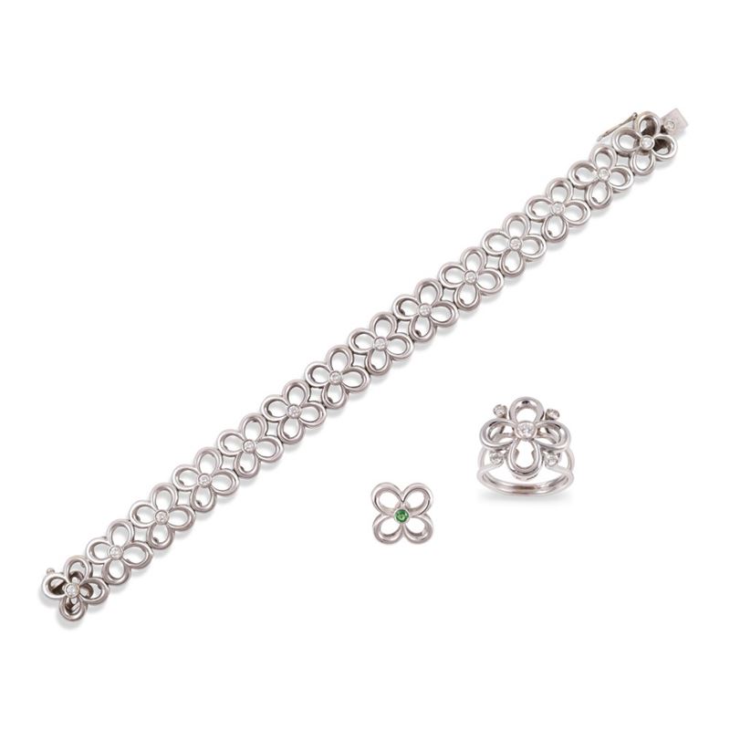 Parure in oro bianco 18Kt con brillanti e pendente in smeraldo