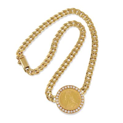 Girocollo in oro giallo 18Kt con moneta e brillanti