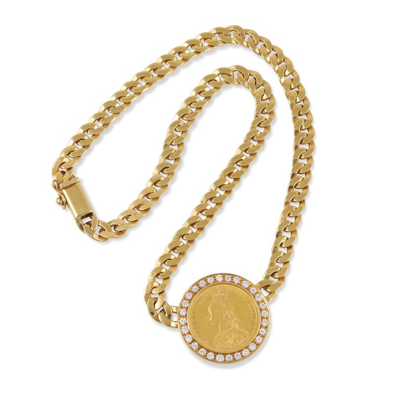 Girocollo in oro giallo 18Kt con moneta e brillanti