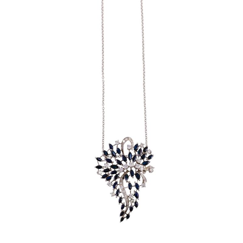 Pendente vegetale in oro bianco 18Kt con zaffiri e brillanti