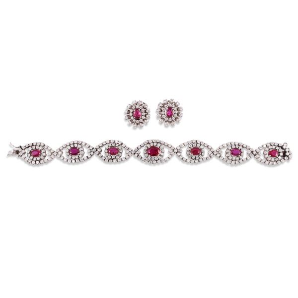 18KT GOLD BRACELET AND CLIP EARRINGS SET WITH DIAMONDS AND RUBIES