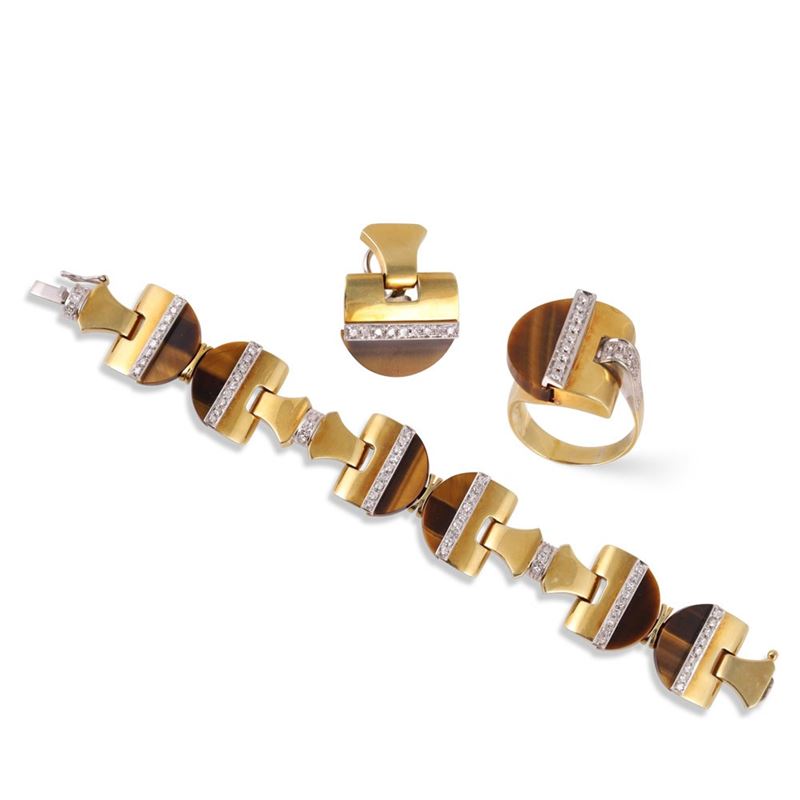 Parure in oro giallo e bianco 18Kt con quarzi occhio di tigre e diamanti
