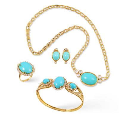 Parure in oro giallo 18Kt con turchesi e brillanti