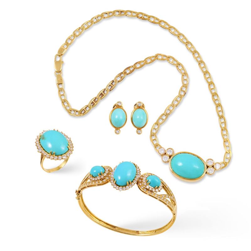 Parure in oro giallo 18Kt con turchesi e brillanti