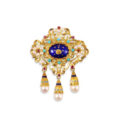 Spilla in oro giallo 18Kt con perle coltivate, turchesi e rubini