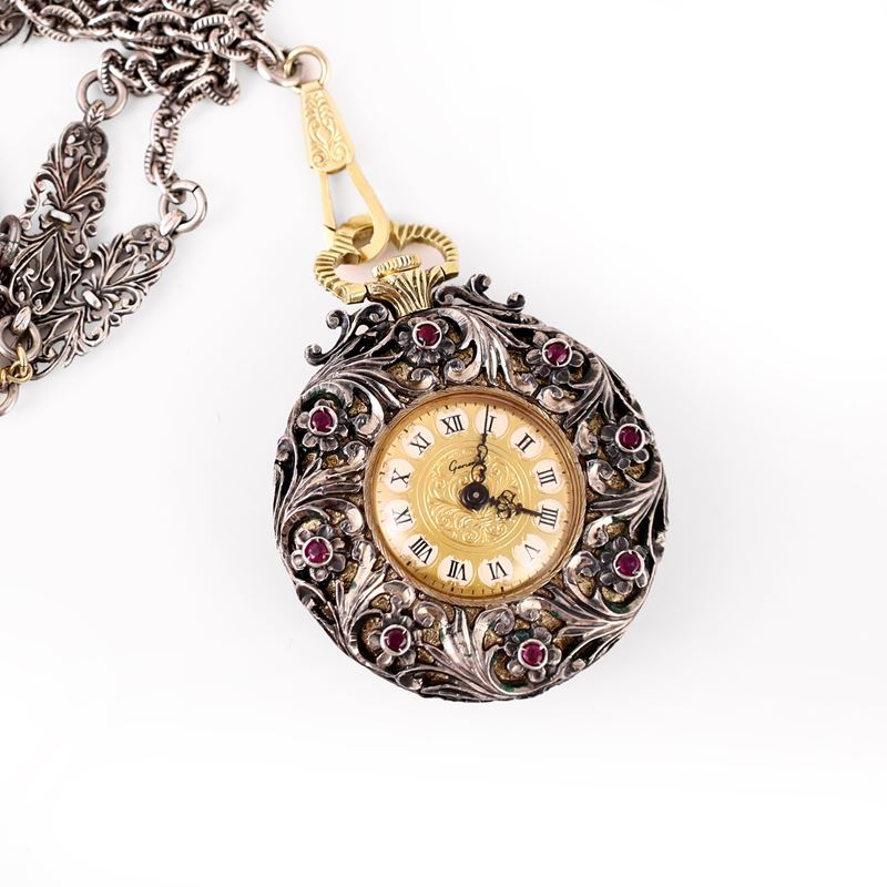 Orologio da tasca in argento con rubini e diamanti, cassa con fondello in smalto guilloché