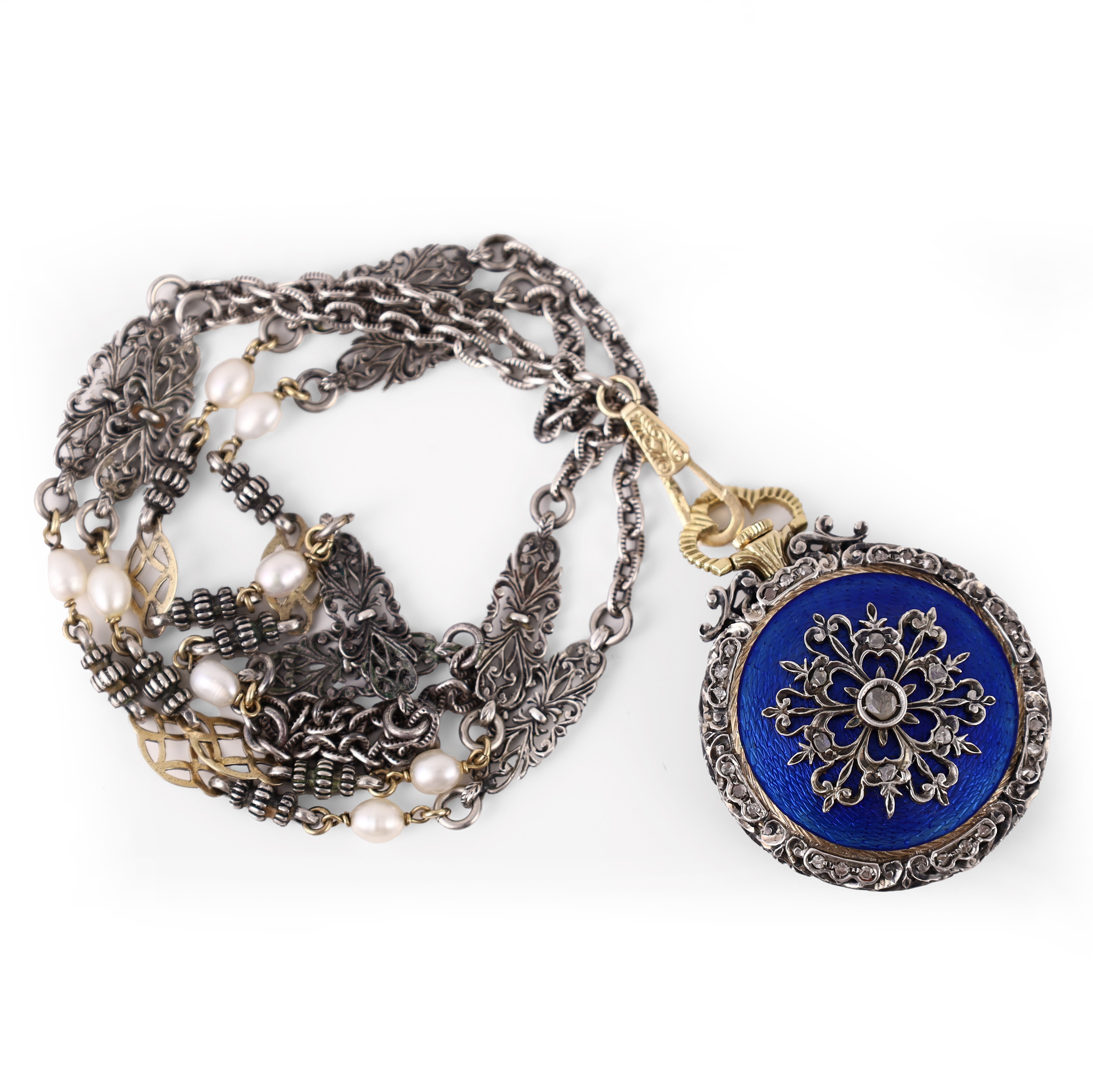 Orologio da tasca in argento con rubini e diamanti, cassa con fondello in smalto guilloché