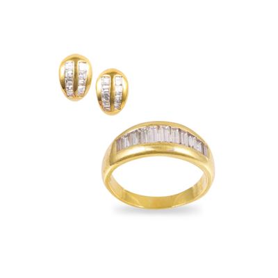 Anello e orecchini in oro giallo 18Kt con diamanti baguette 1,20 ct