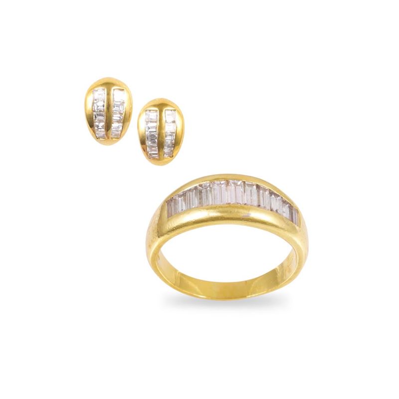 Anello e orecchini in oro giallo 18Kt con diamanti baguette 1,20 ct