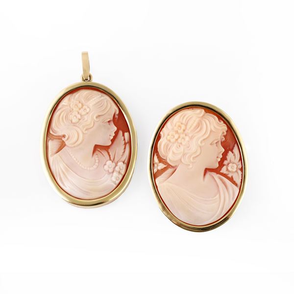 18KT GOLD LOT COMPRISING A BROOCH AND A PENDANT BOTH SET WITH SHELL CAMEO