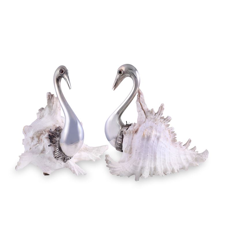Gabriele De Vecchi, Coppia di sculture a forma di cigni, argento 925/1000