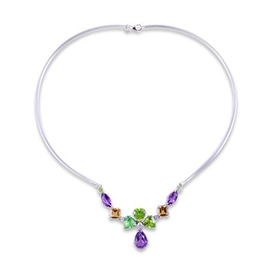 Girocollo in oro bianco 18 kt, maglia piatta con ametiste, peridoti, quarzi e brillanti