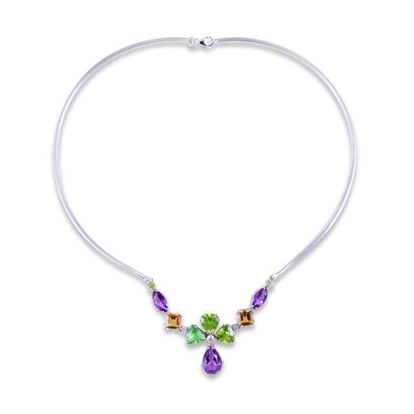 18KT GOLD NECKLACE SET WITH AMETHYST, PERIDOT, QUARTZ AND DIAMONDS