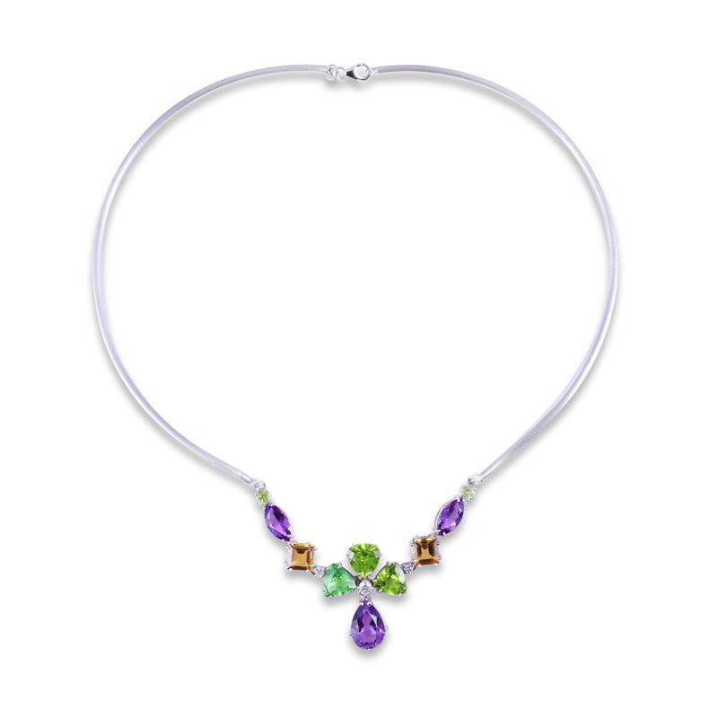 Girocollo in oro bianco 18 kt, maglia piatta con ametiste, peridoti, quarzi e brillanti