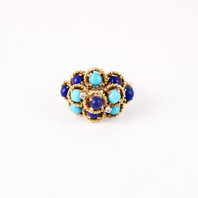 Anello, oro giallo 18 kt con turchesi e lapislazzuli cabochon e brillanti