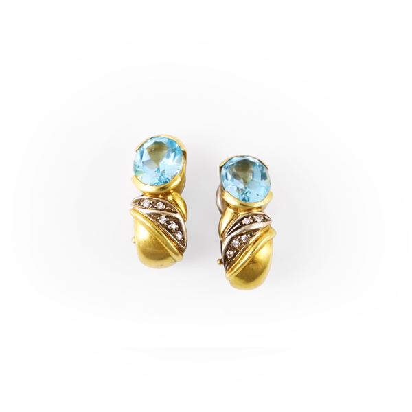 18KT GOLD CLIP-ON EARRINGS SET WITH BLUE TOPAZ AND DIAMONDS