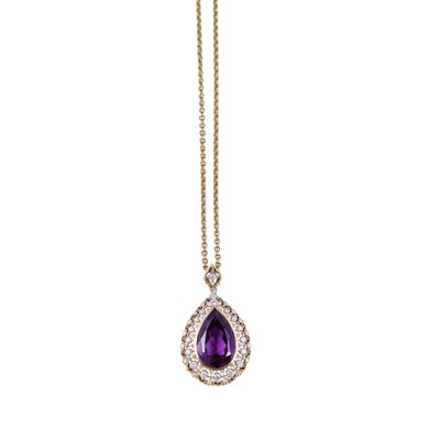 Pendente in oro giallo 18 kt a goccia, traforato e cesellato con brillanti e pietra sintetica, co...