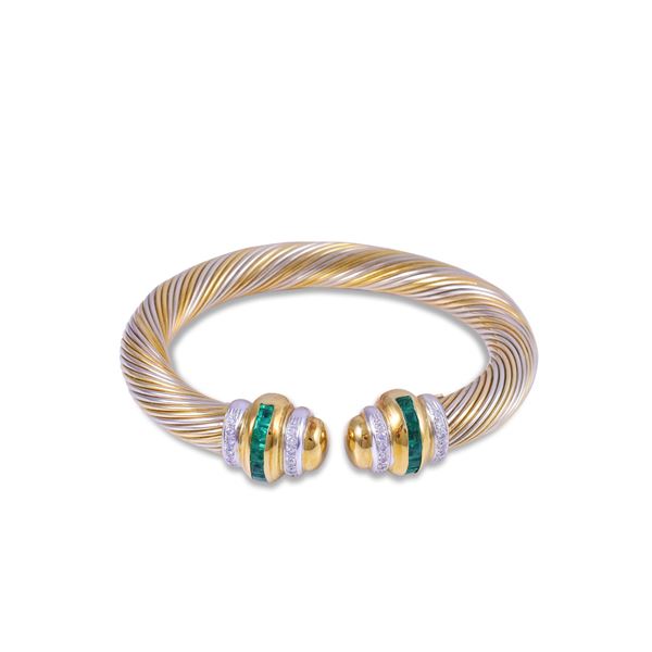 18KT GOLD BANGLE SET WITH EMERALDS AND DIAMONDS, BY ALVESTILE