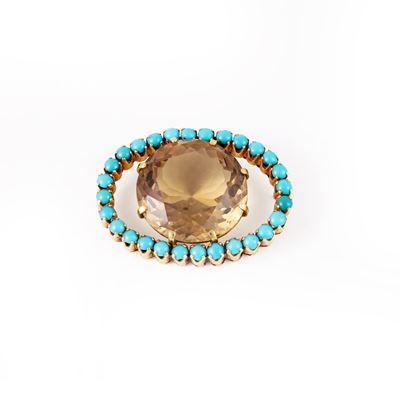 Pendente, oro giallo 18 kt con turchesi cabochon e quarzo tondo