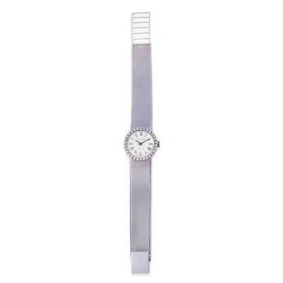 Orologio da polso con bracciale a nastro in oro bianco 18K, cassa tonda con brillanti