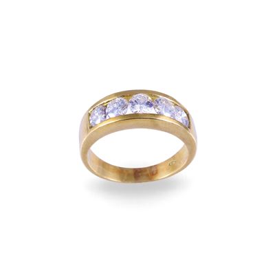 Rivière, anello in oro giallo 18 kt con cinque brillanti (ca. 1,30 ct) misura 16