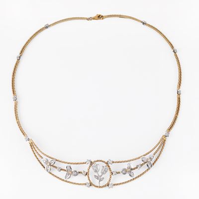 De' Nobili, Girocollo in oro 18 kt bicolore con motivi floreali e brillanti