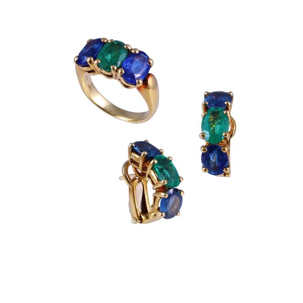 18KT GOLD RING AND EARRINGS SET WITH EMERALDS AND SAPPHIRES