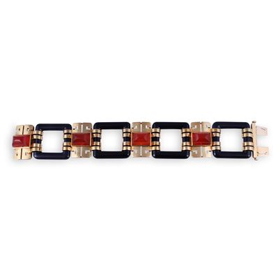 Marzo Paris, Bracciale Deco in oro giallo 18 kt con onice e greca traforata