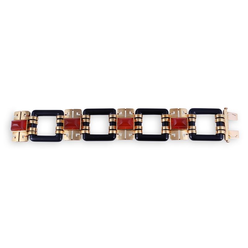 Marzo Paris, Bracciale Deco in oro giallo 18 kt con onice e greca traforata