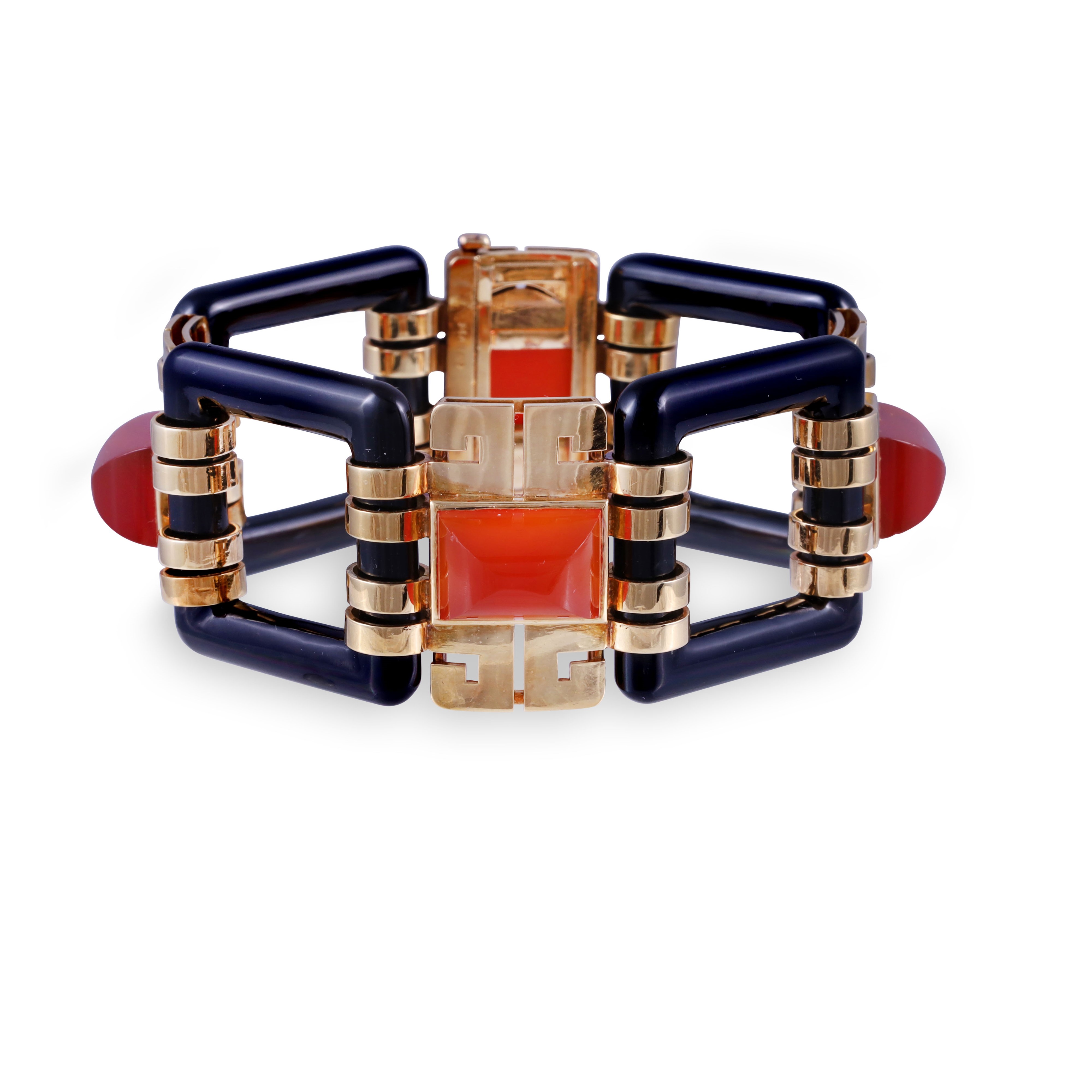 Marzo Paris, Bracciale Deco in oro giallo 18 kt con onice e greca traforata