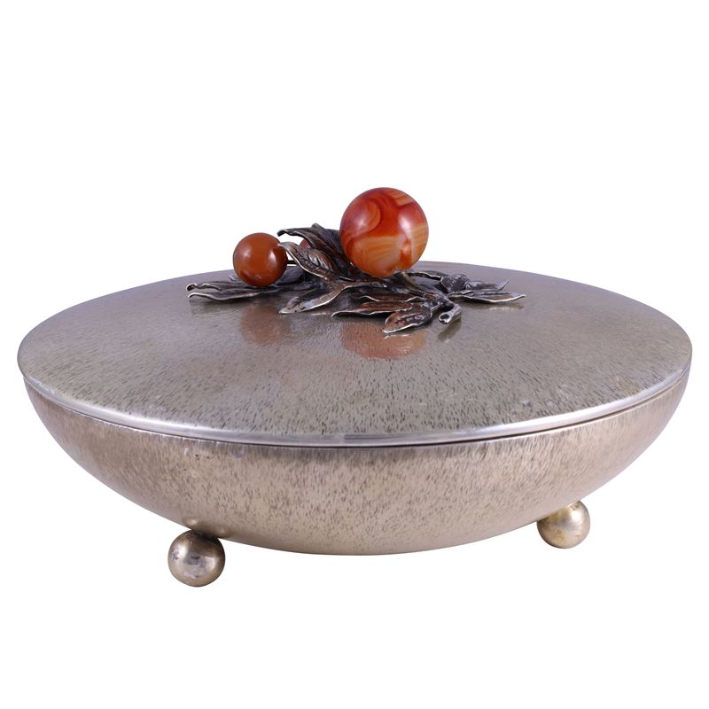 Miracoli - Scatola in argento 800/1000 con coperchio a ramage e sfere in agata