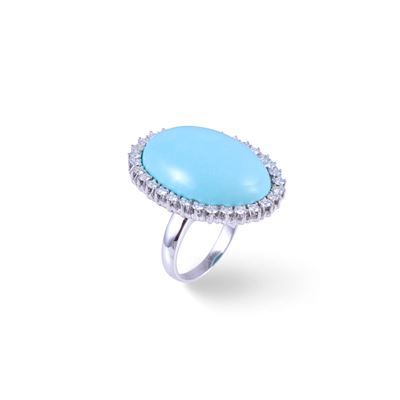 Anello in oro bianco 18 kt con turchese naturale cabochon e brillanti