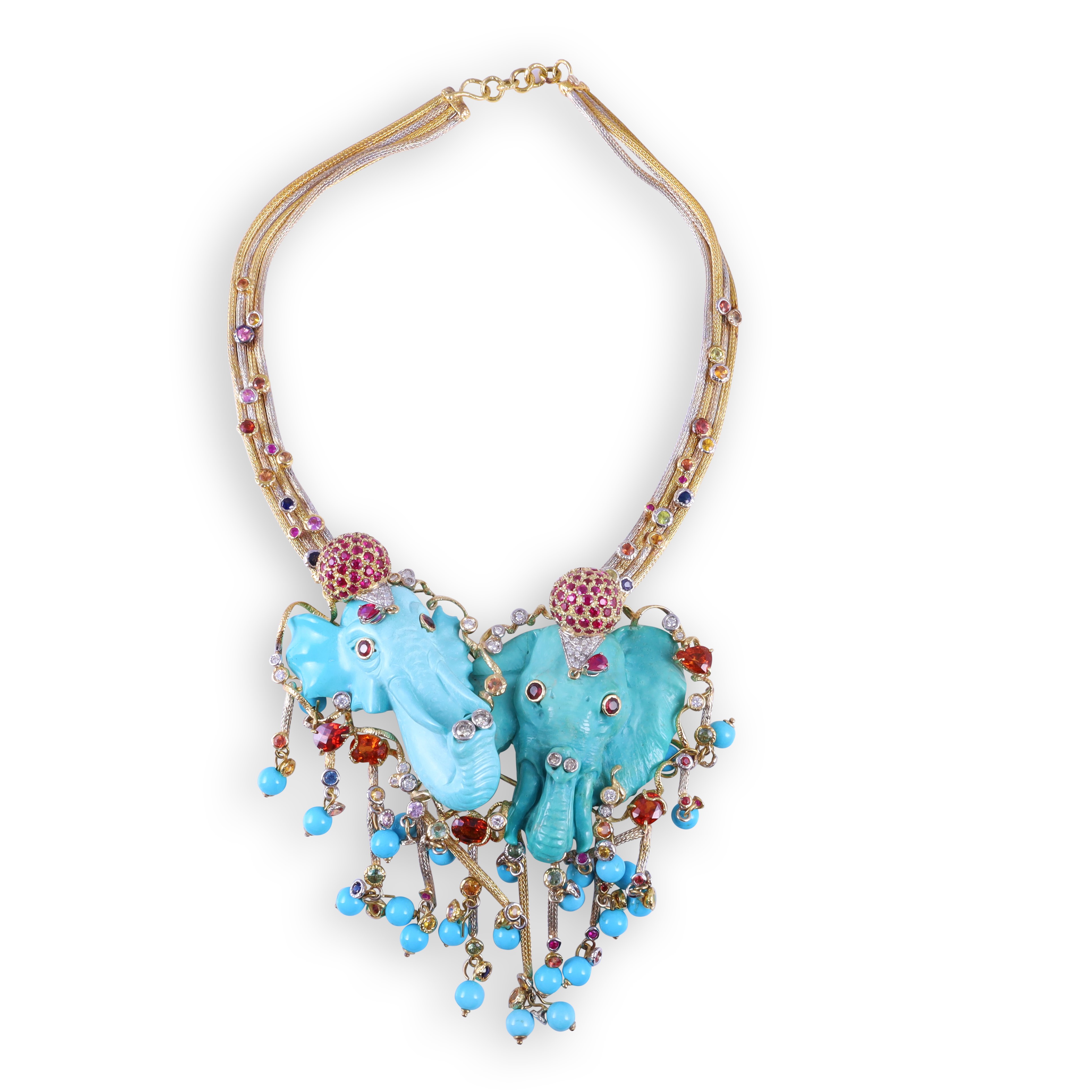 Girocollo in oro 18 kt con turchesi scolpite, rubini in pavé e inserti in brillanti e gemme varie