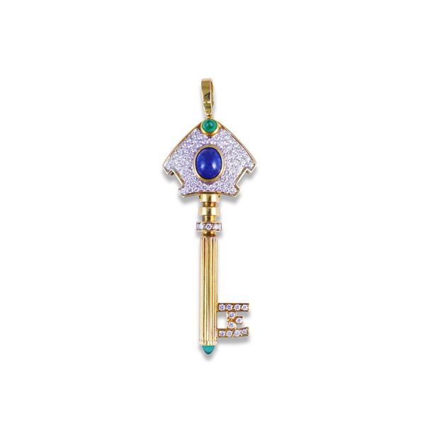 18KT GOLD BROOCH-PENDANT SET WITH DIAMONDS, CABOCHON-CUT SAPPHIRE AND EMERALDS