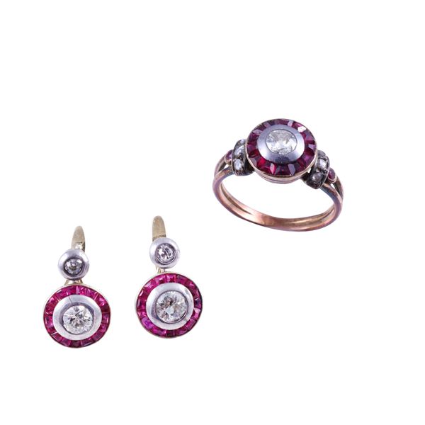 18KT GOLD AND SILVER PARURE OF RING AND EARRINGS WITH OLD EUROPEAN CUT DIAMONDS AND RUBIES