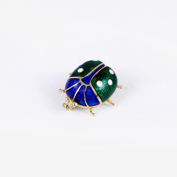 18KT GOLD BROOCH WITH ENAMEL, BY LUNATI