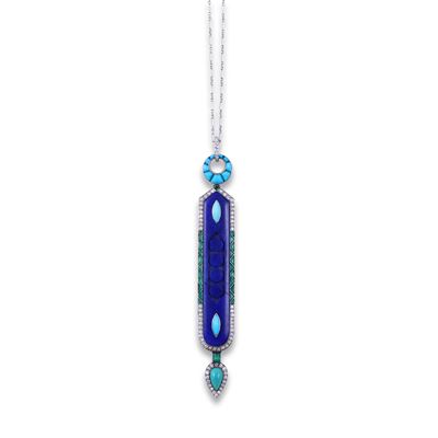 Cartier, Pendente in platino con lapislazzuli, diamanti, smeraldi e turchesi