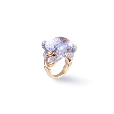 Pomellato, Anello “Tango” in oro rosa e bianco 18 kt con topazio incolore e brillanti in pavé