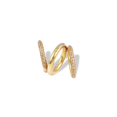 Pomellato, Anello pomellato in oro giallo 18 kt con tre fedi bombate e corindoni gialli in pavé