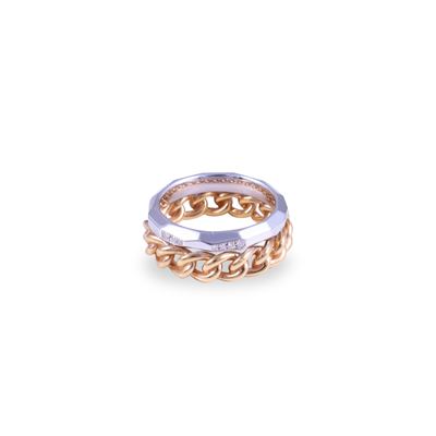 Pomellato, Anello "Milano" in due fedi unite, oro bianco e oro rosa 18 kt con brillanti